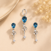 Gold Blue Topaz Gemstone Pendant & Earrings Set