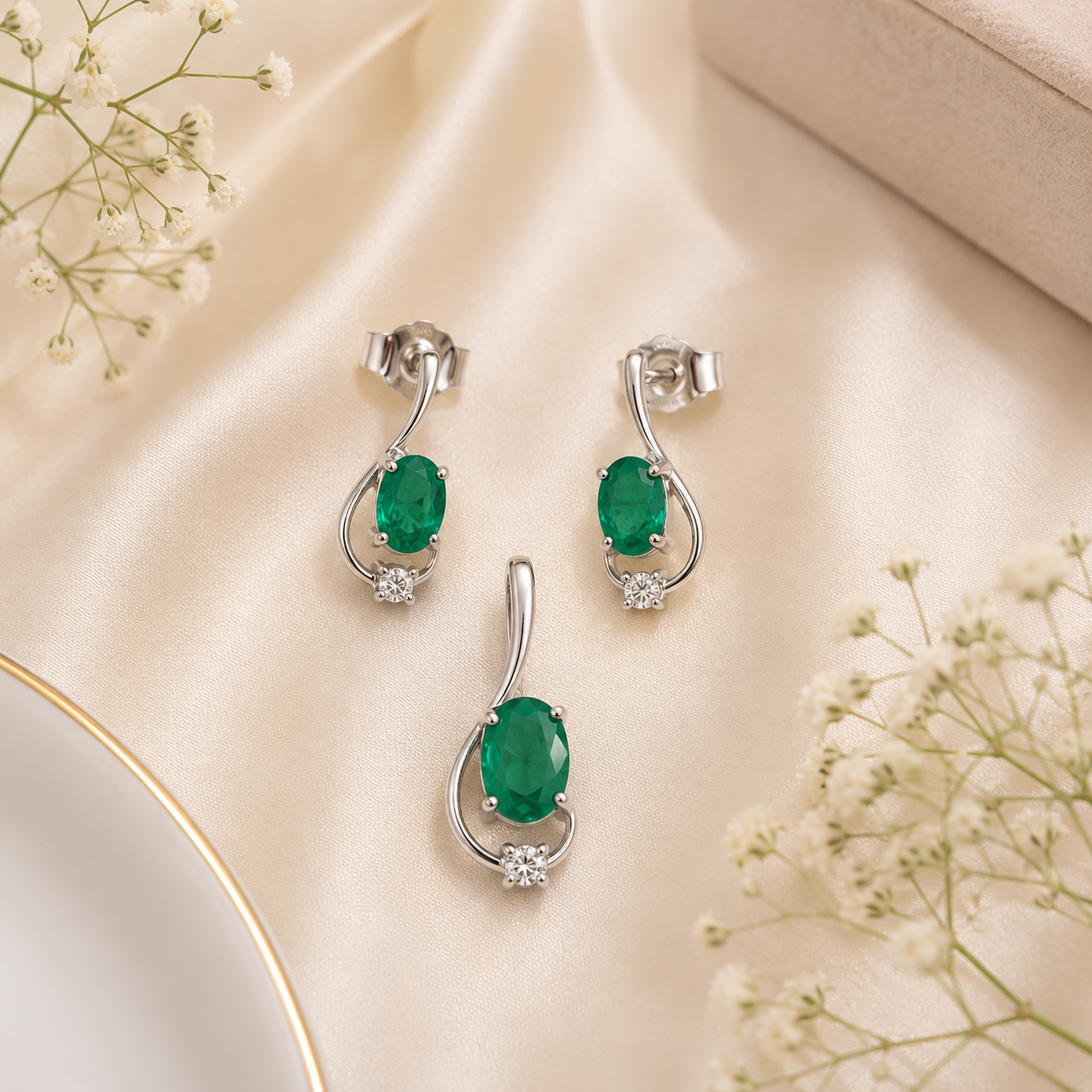 10K Gold Emerald & Diamond Pendant Set