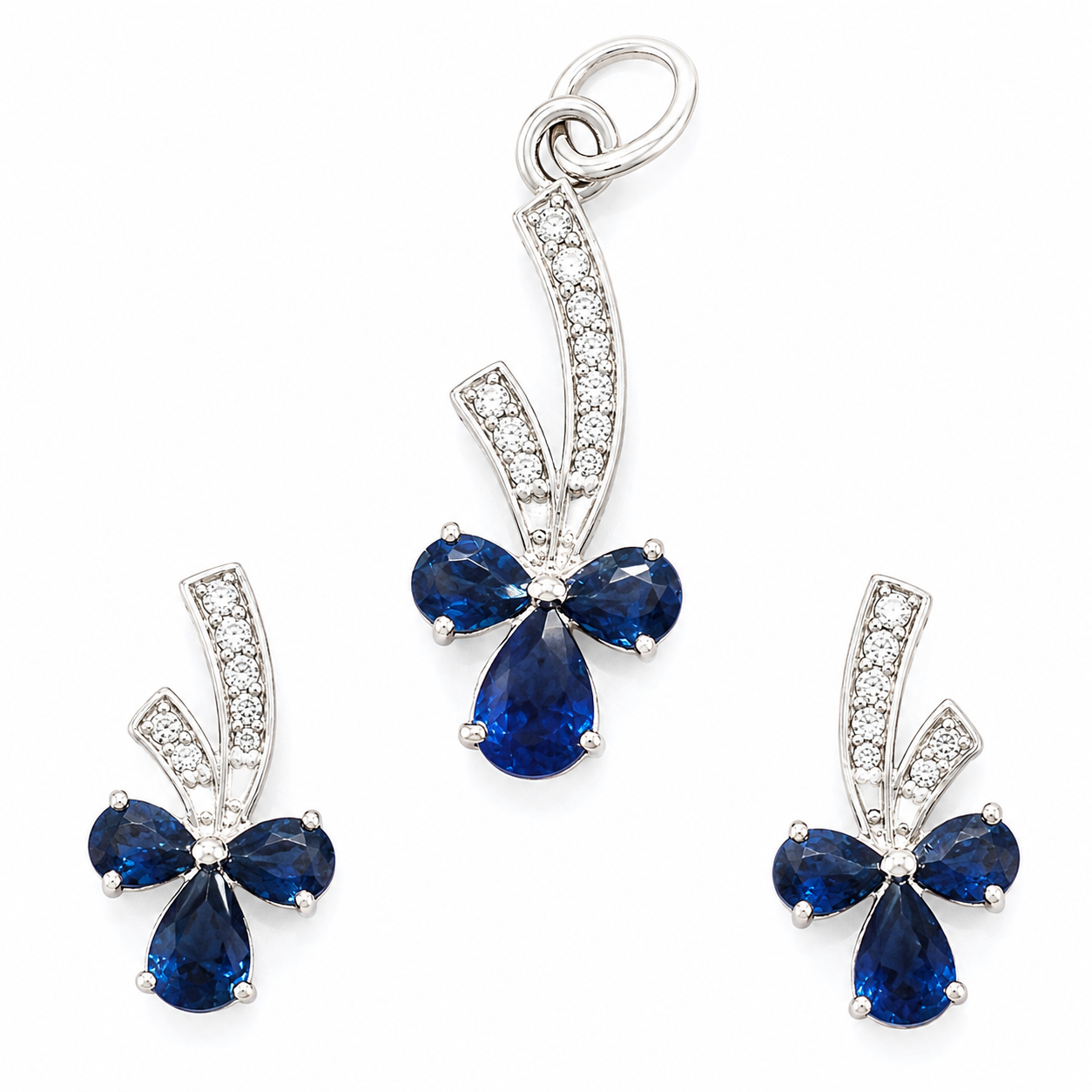 Natural Blue Sapphire & Diamond Pendant Set