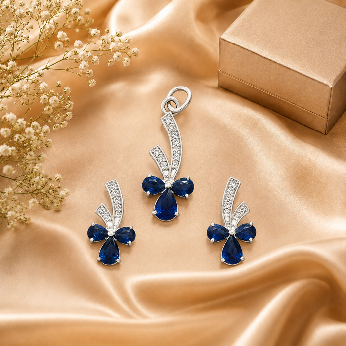 Natural Blue Sapphire & Diamond Pendant Set