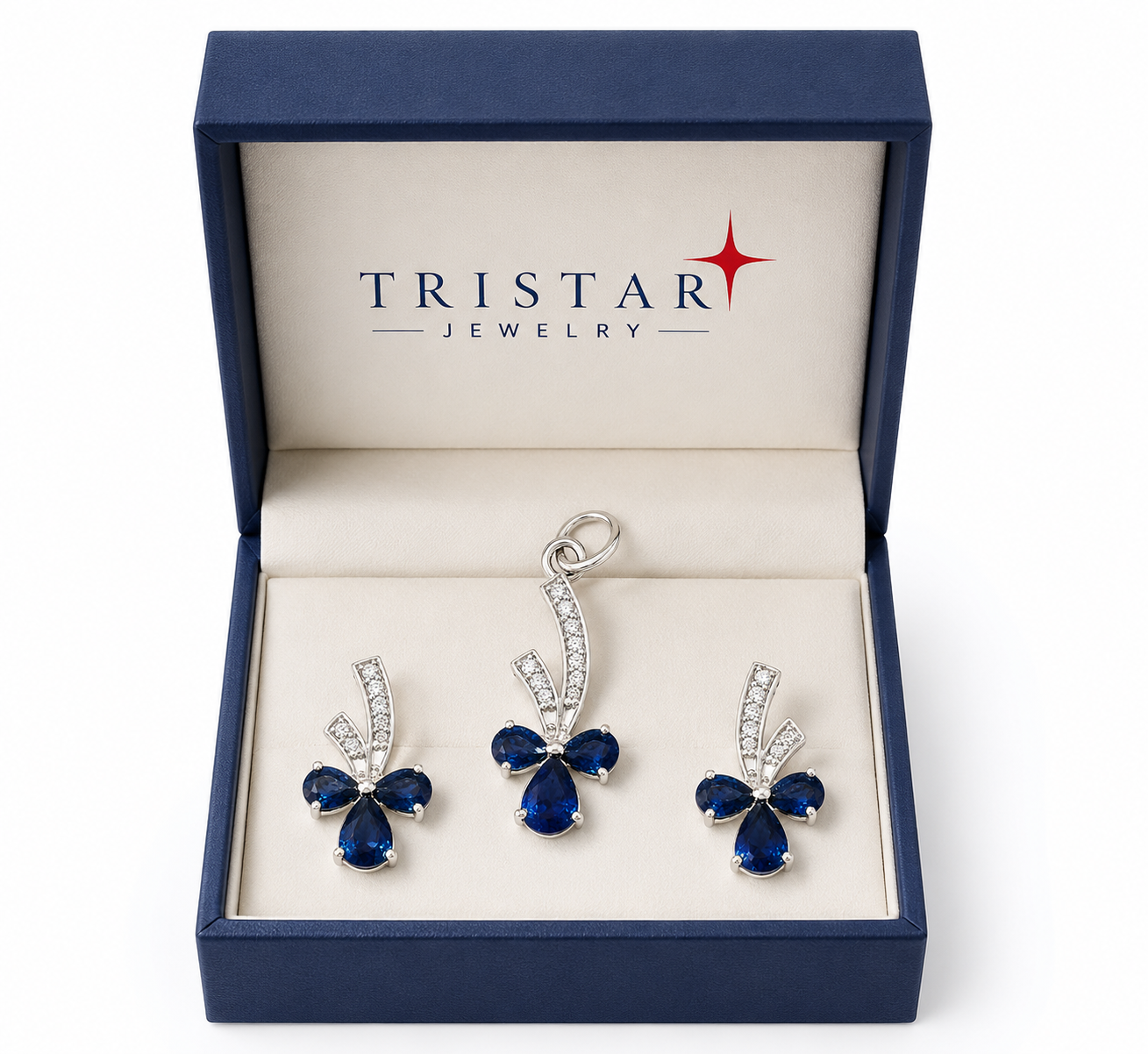 Natural Blue Sapphire & Diamond Pendant Set