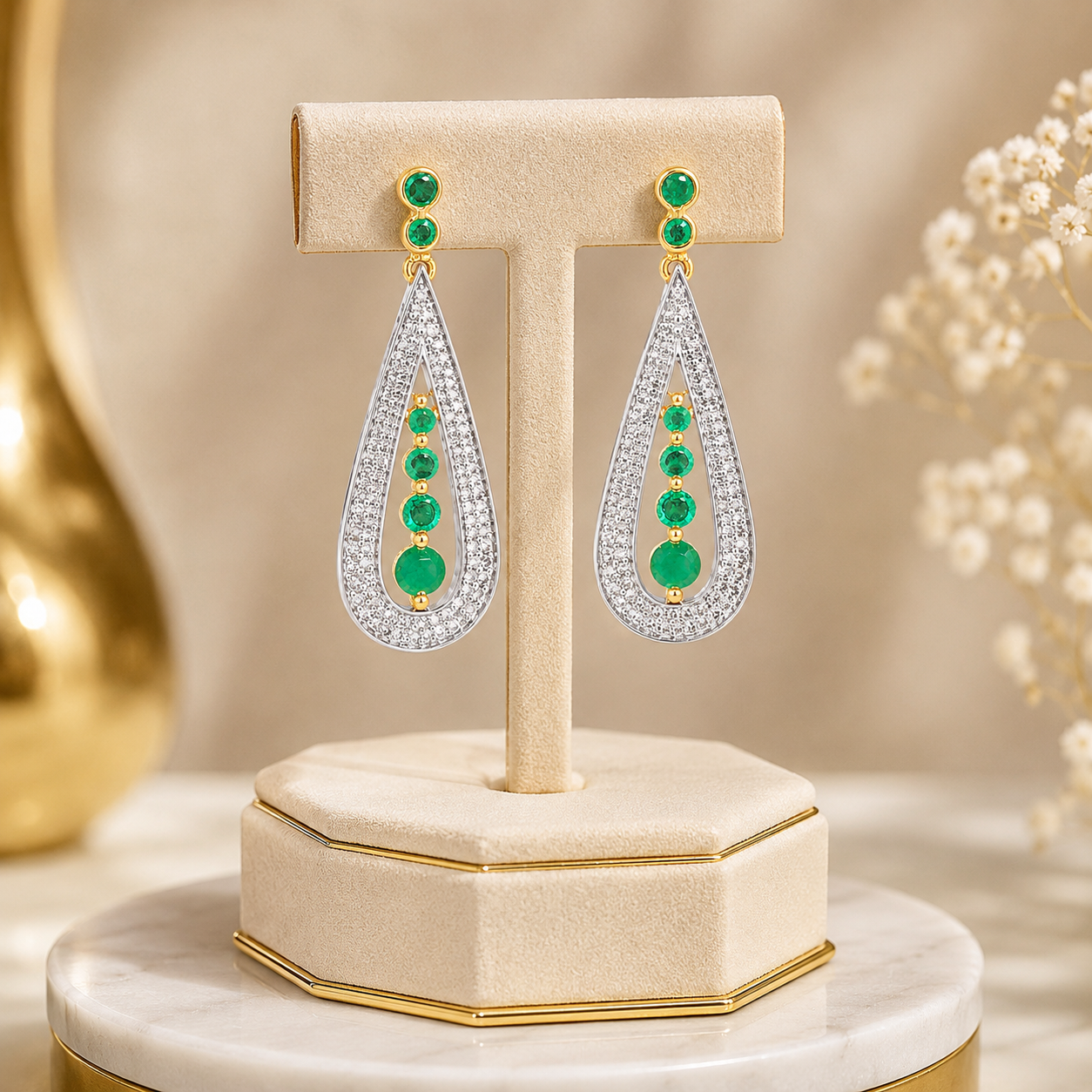 18K Gold Emerald Diamond Drop Earrings