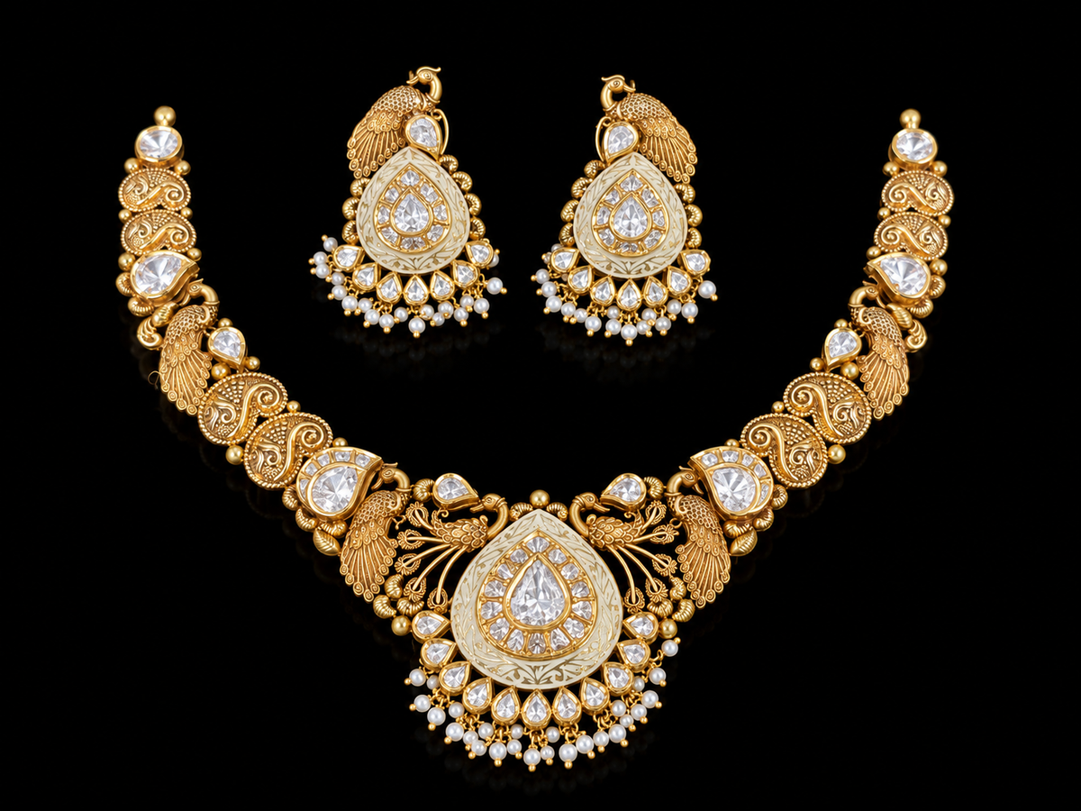 Luxury Gold Kundan Bridal Necklace Set with Matching Earrings – Traditional Peacock Design Pearl Necklace Jewellery Set