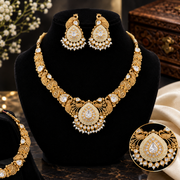 Luxury Gold Kundan Bridal Necklace Set with Matching Earrings – Traditional Peacock Design Pearl Necklace Jewellery Set