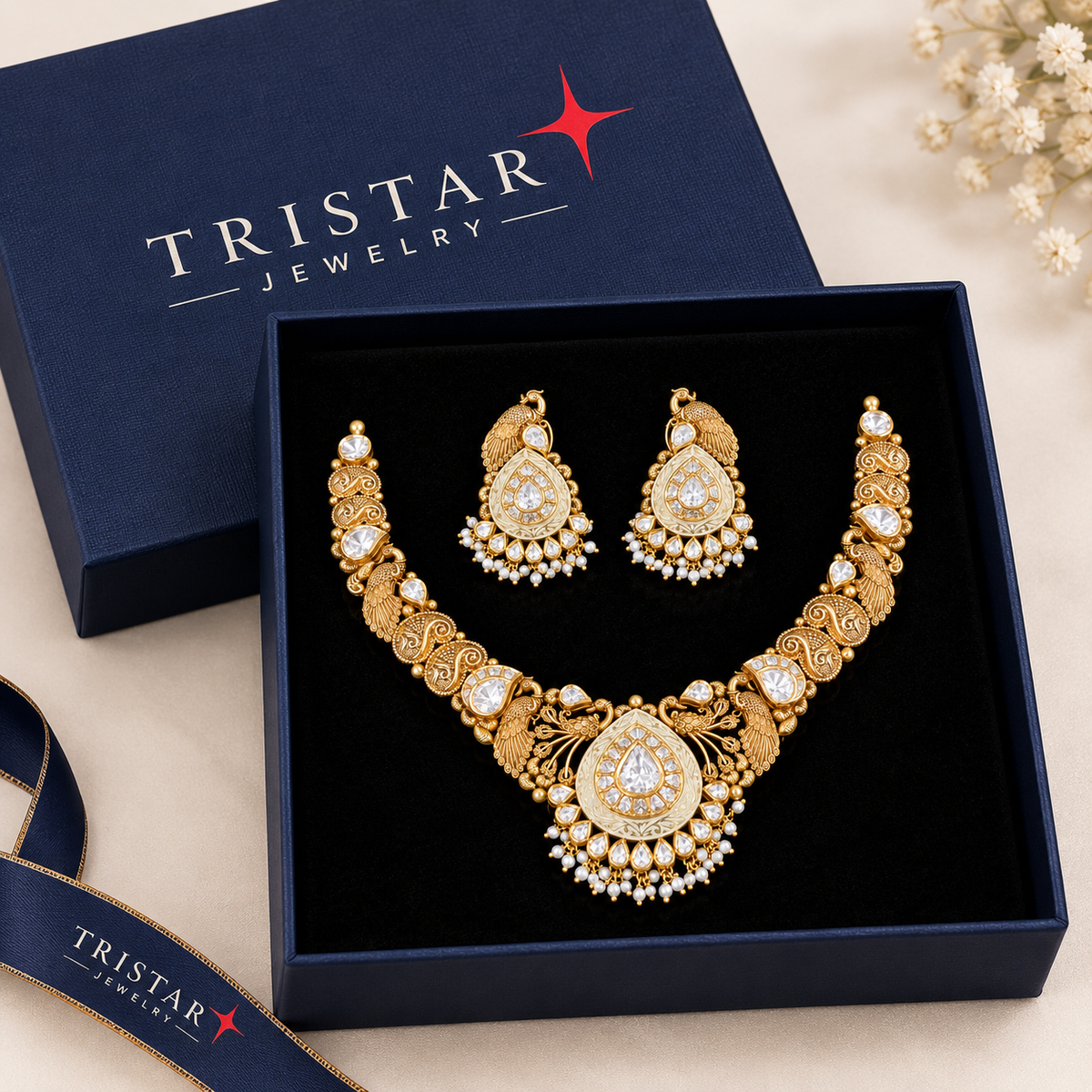 Luxury Gold Kundan Bridal Necklace Set with Matching Earrings – Traditional Peacock Design Pearl Necklace Jewellery Set