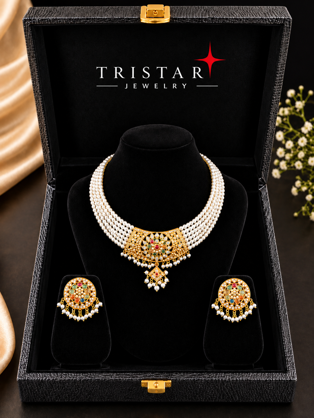14K Gold Pearl Multicolor Bridal Necklace Set