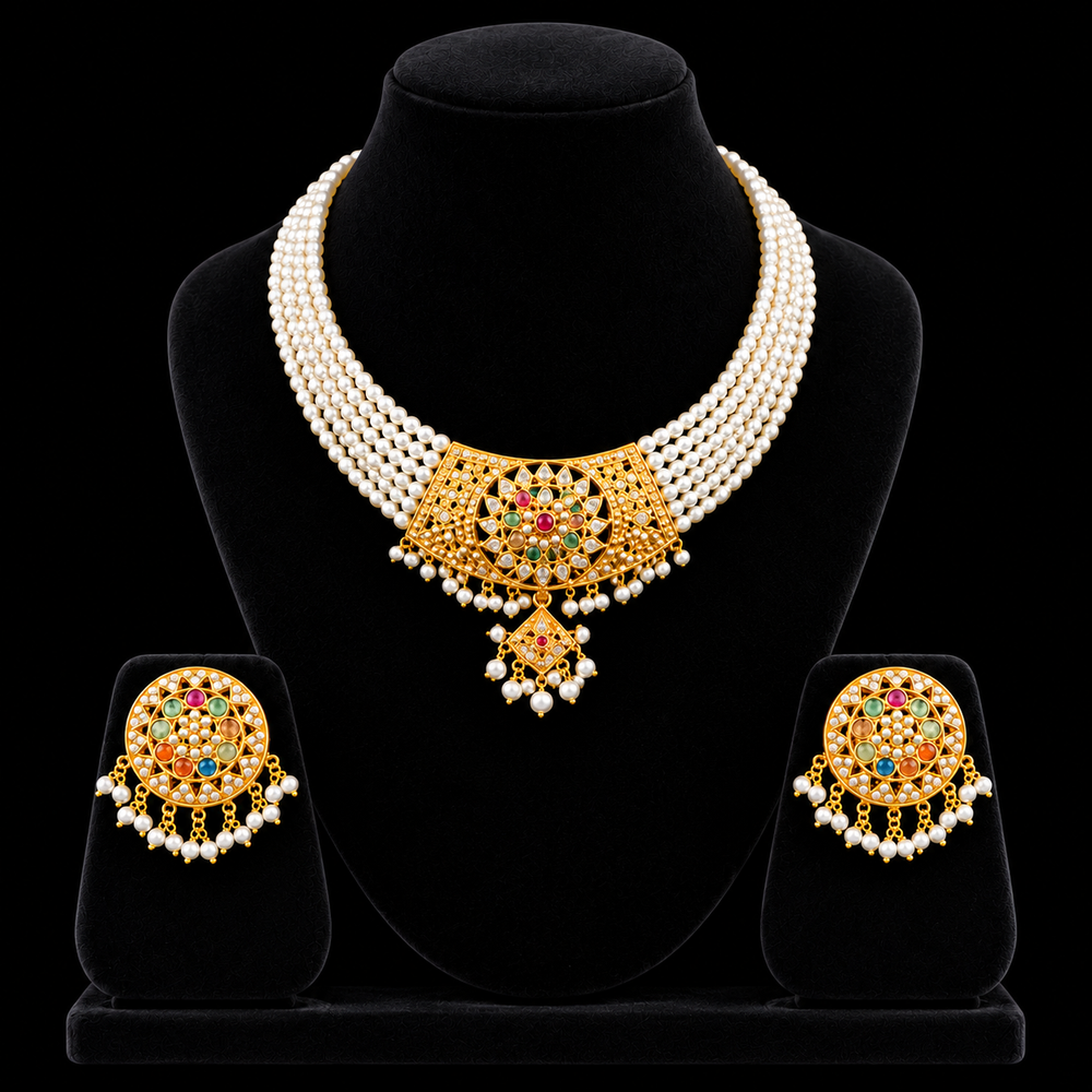 14K Gold Pearl Multicolor Bridal Necklace Set