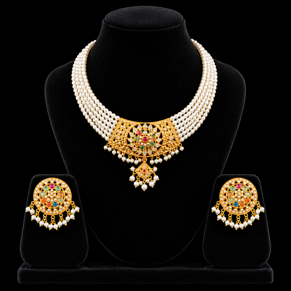 14K Gold Pearl Multicolor Bridal Necklace Set