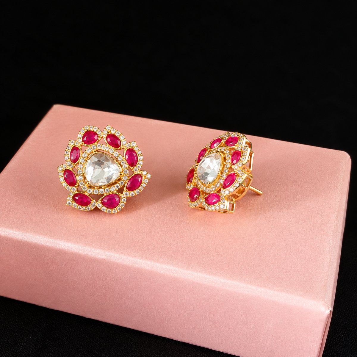 Silver Handmade Ruby Lotus Earrings