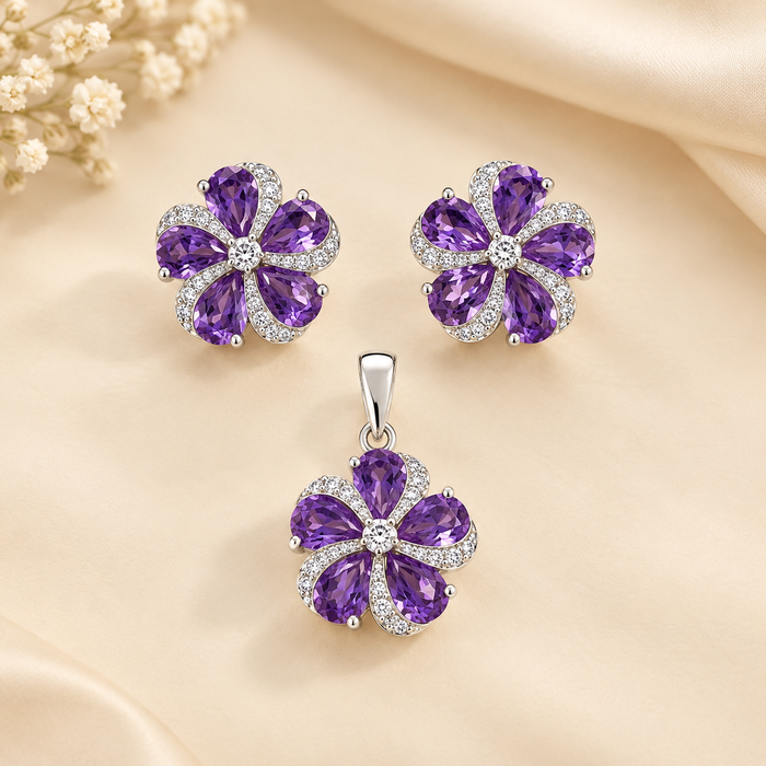 Purple Amethyst Flower Jewelry Set