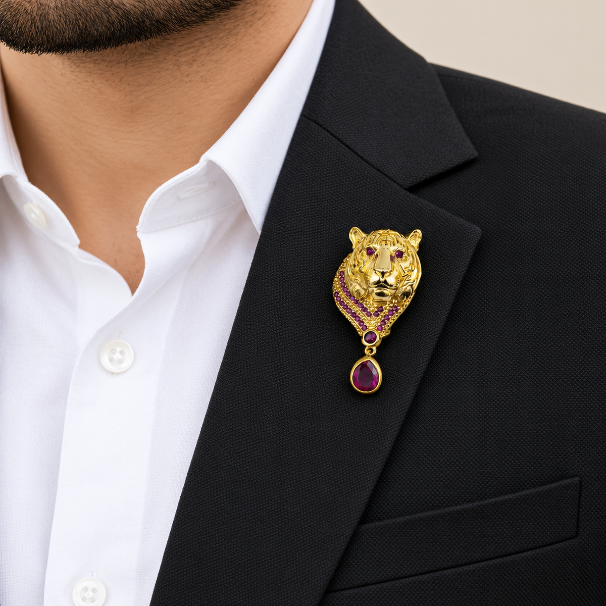 Gold Plated Ruby Tiger Head Brooch Pin