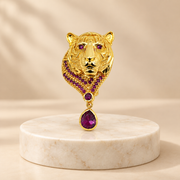 Gold Plated Ruby Tiger Head Brooch Pin