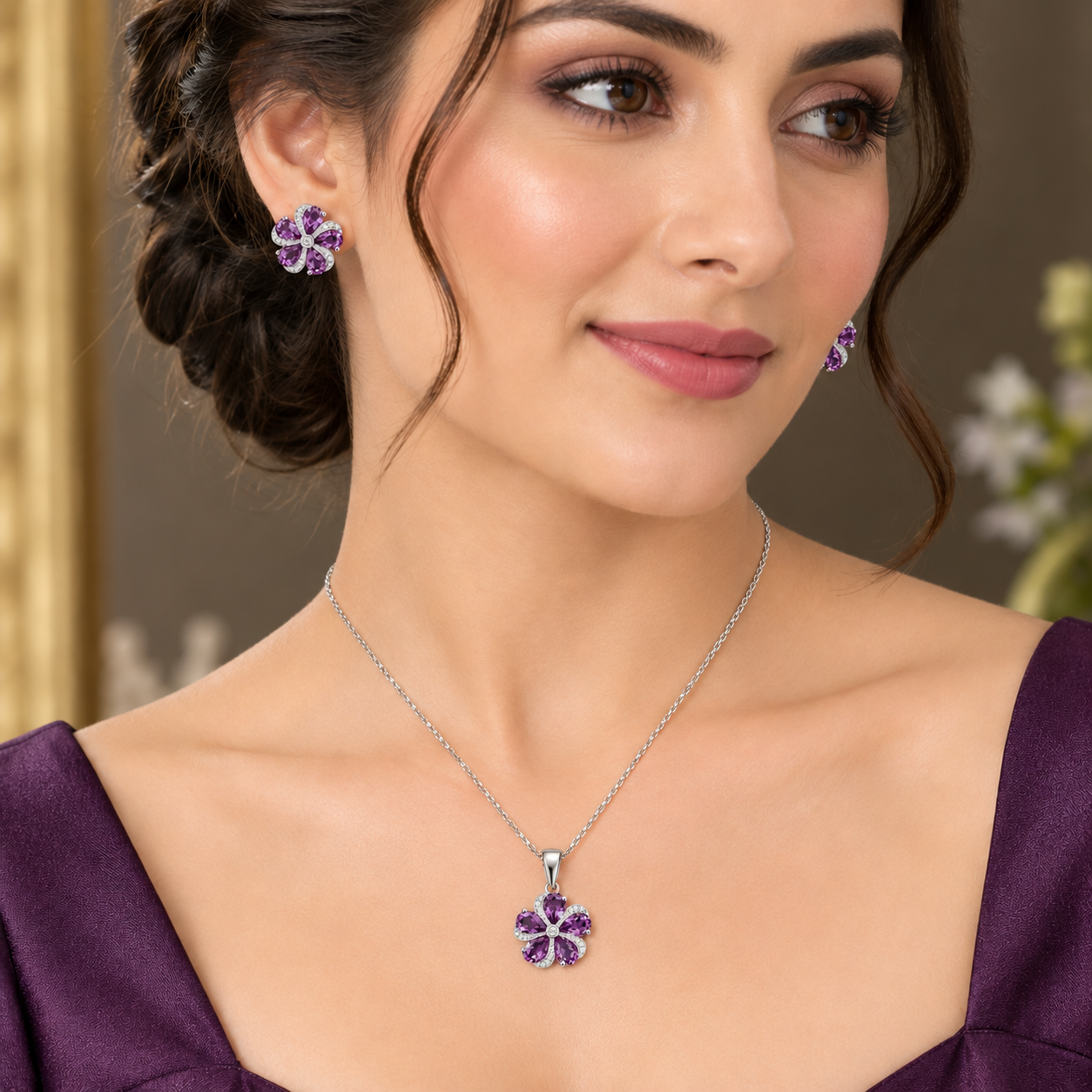 Purple Amethyst Flower Jewelry Set