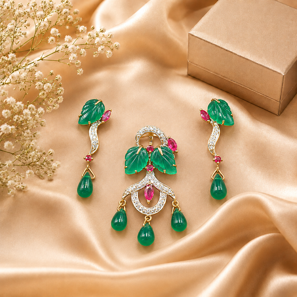 Luxury Carved Gemstone Diamond Jewelry Set