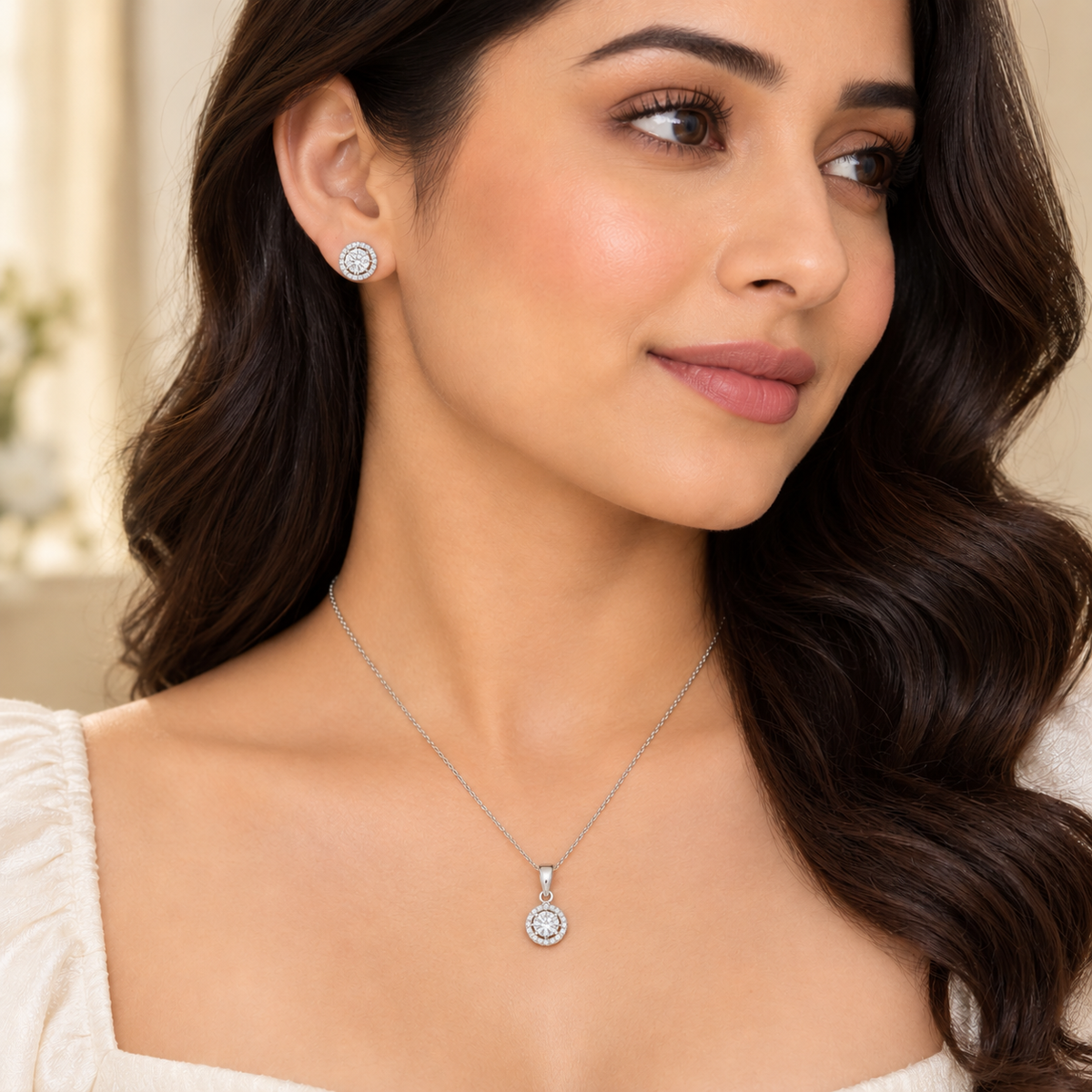 Halo Sparkle Pendant & Stud Earrings Set