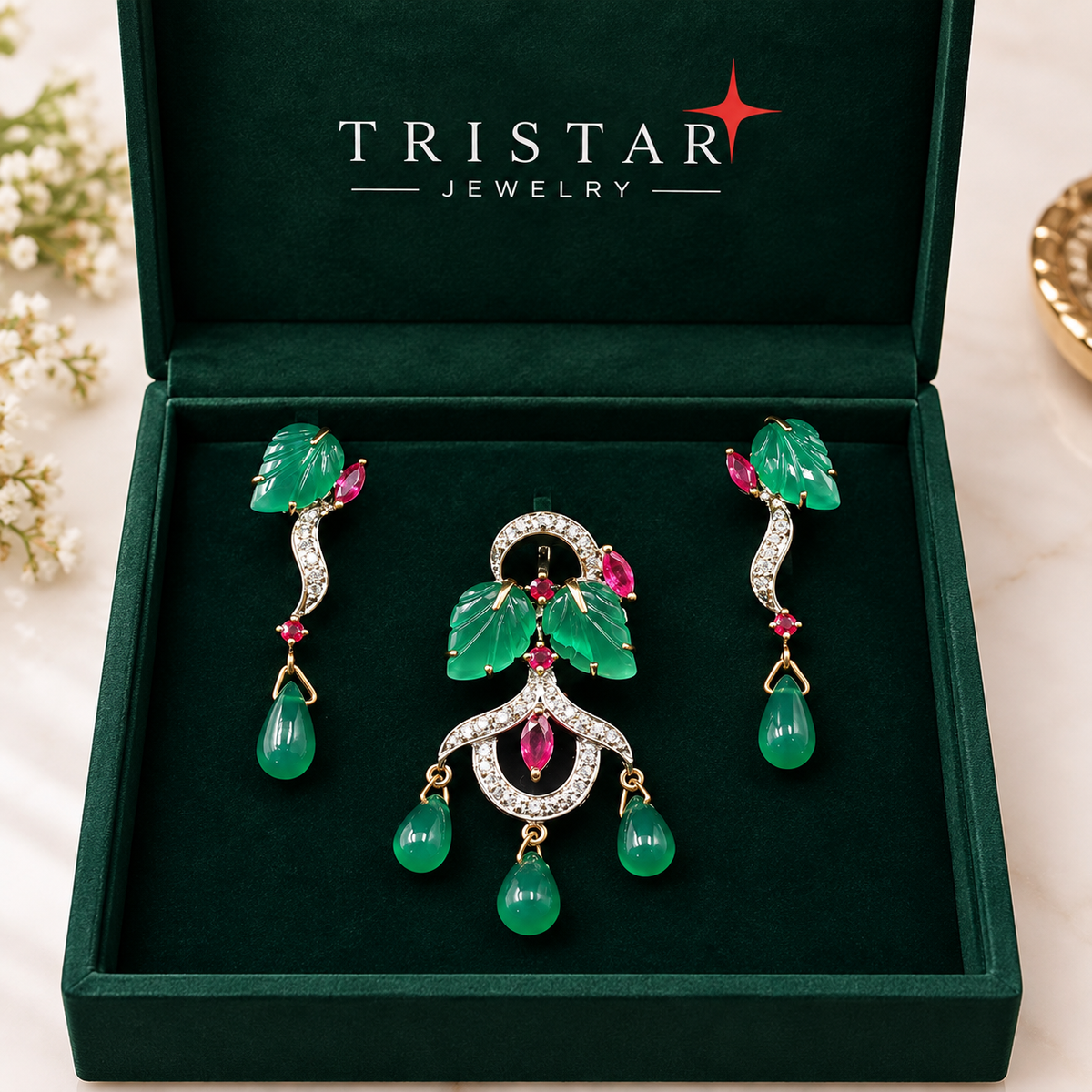 Luxury Carved Gemstone Diamond Jewelry Set