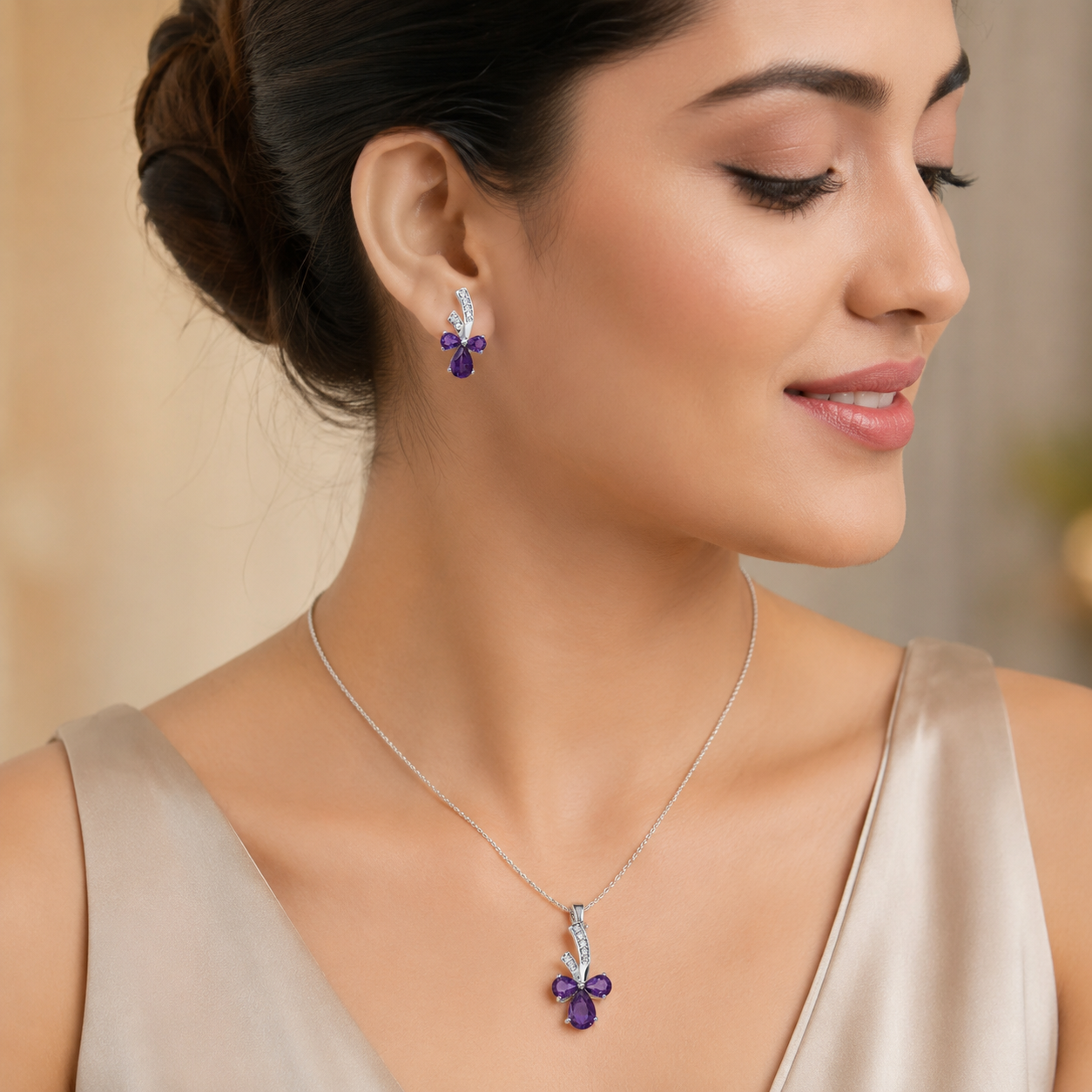 925 Sterling Silver Purple Floral Set