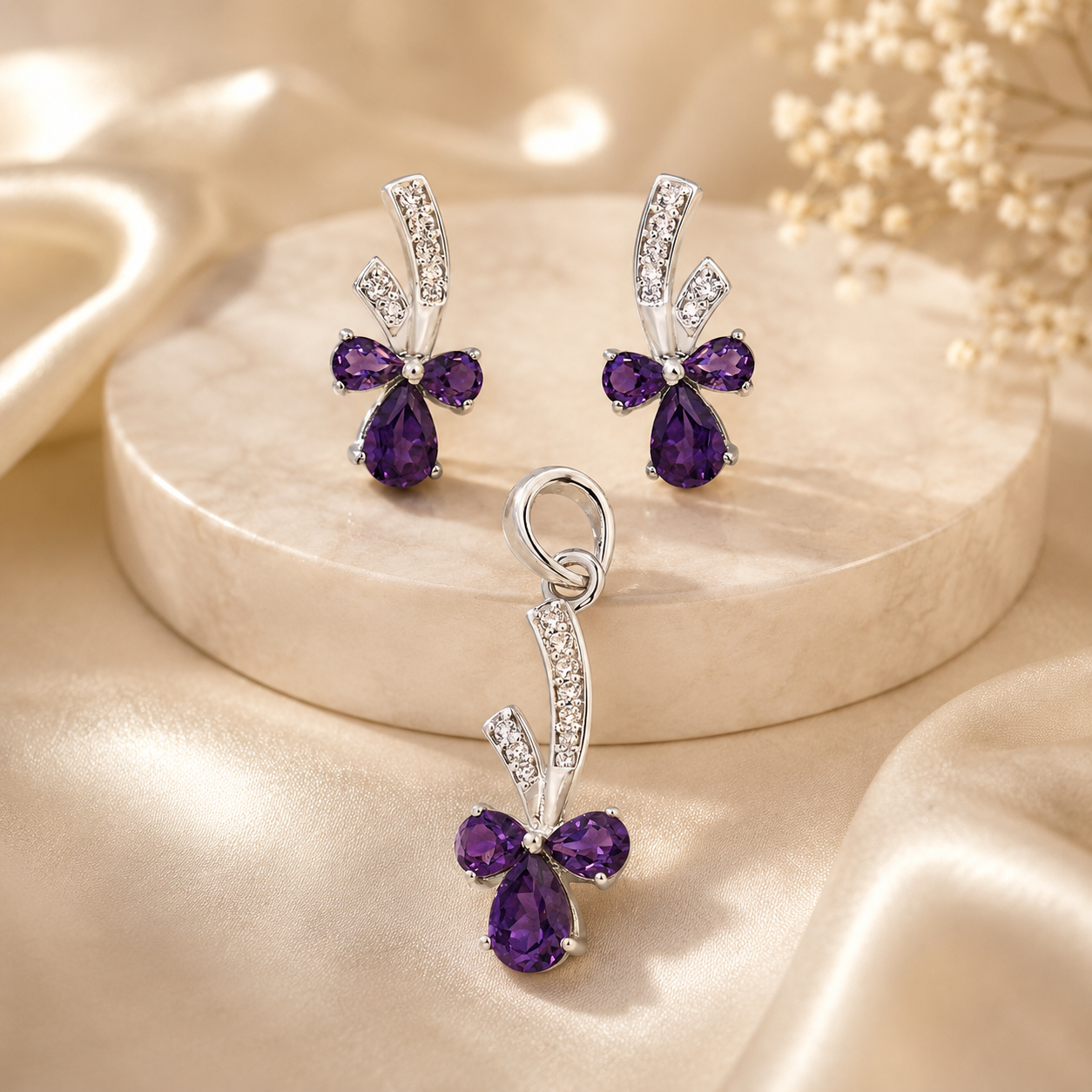 925 Sterling Silver Purple Floral Set