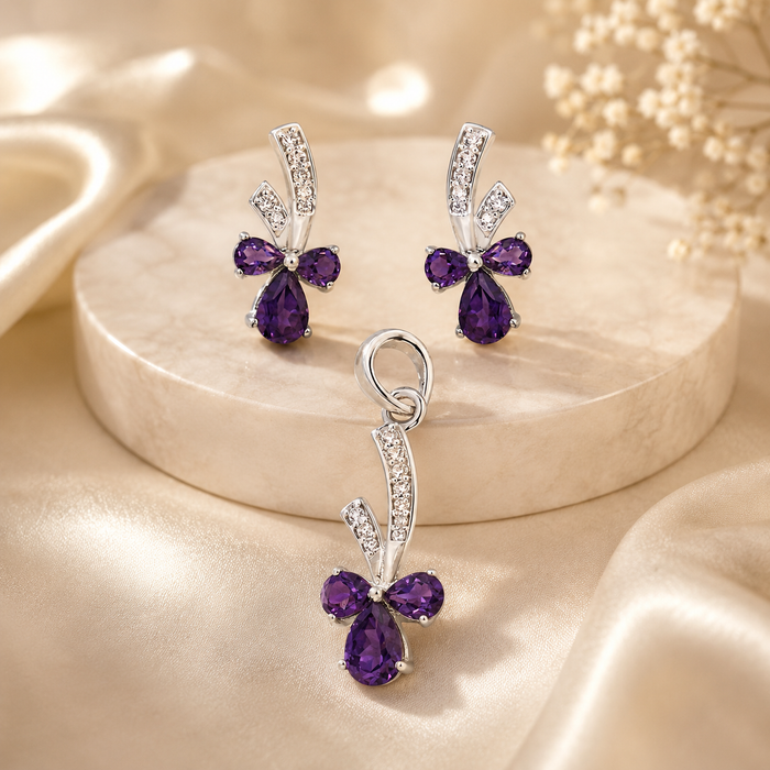925 Sterling Silver Purple Floral Set