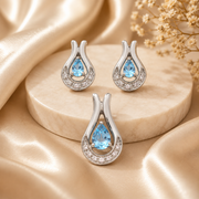 925 Sterling Silver Blue Teardrop Pendant Earrings Set