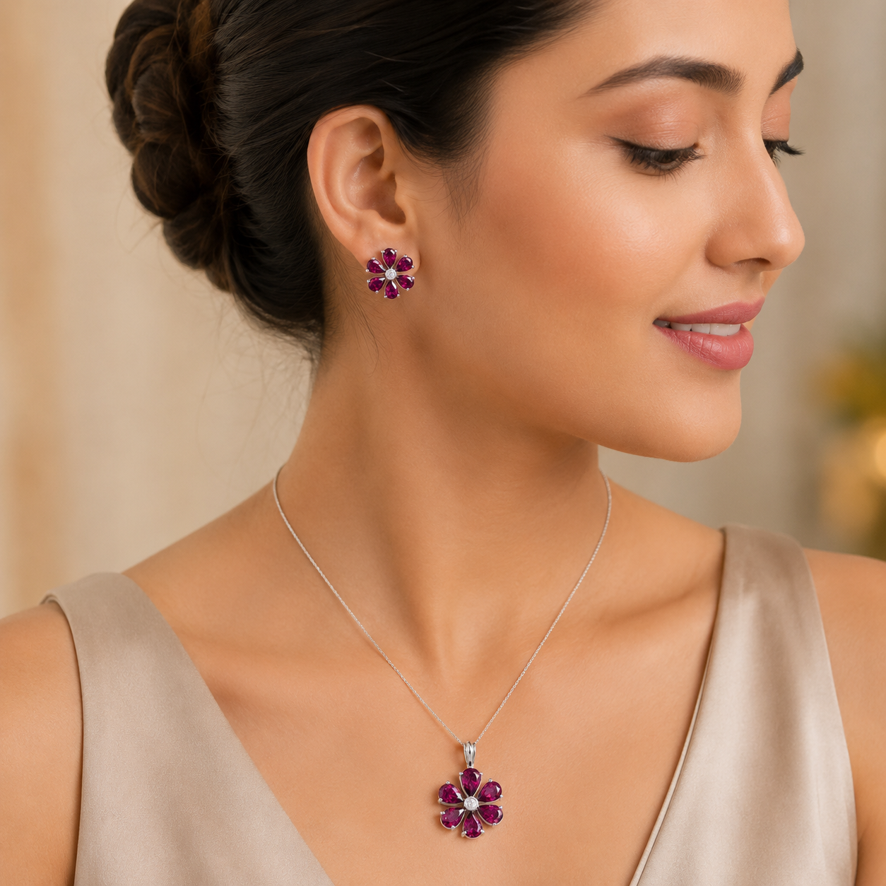 Silver Floral Pendant Earrings Set