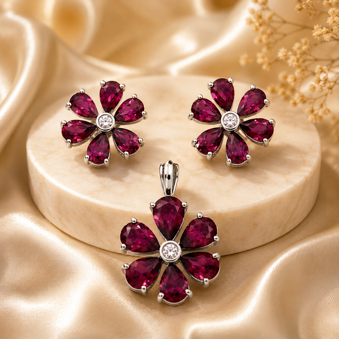 Silver Floral Pendant Earrings Set