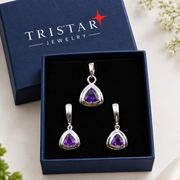 10K White Gold Amethyst Trillion Shape Pendant Set