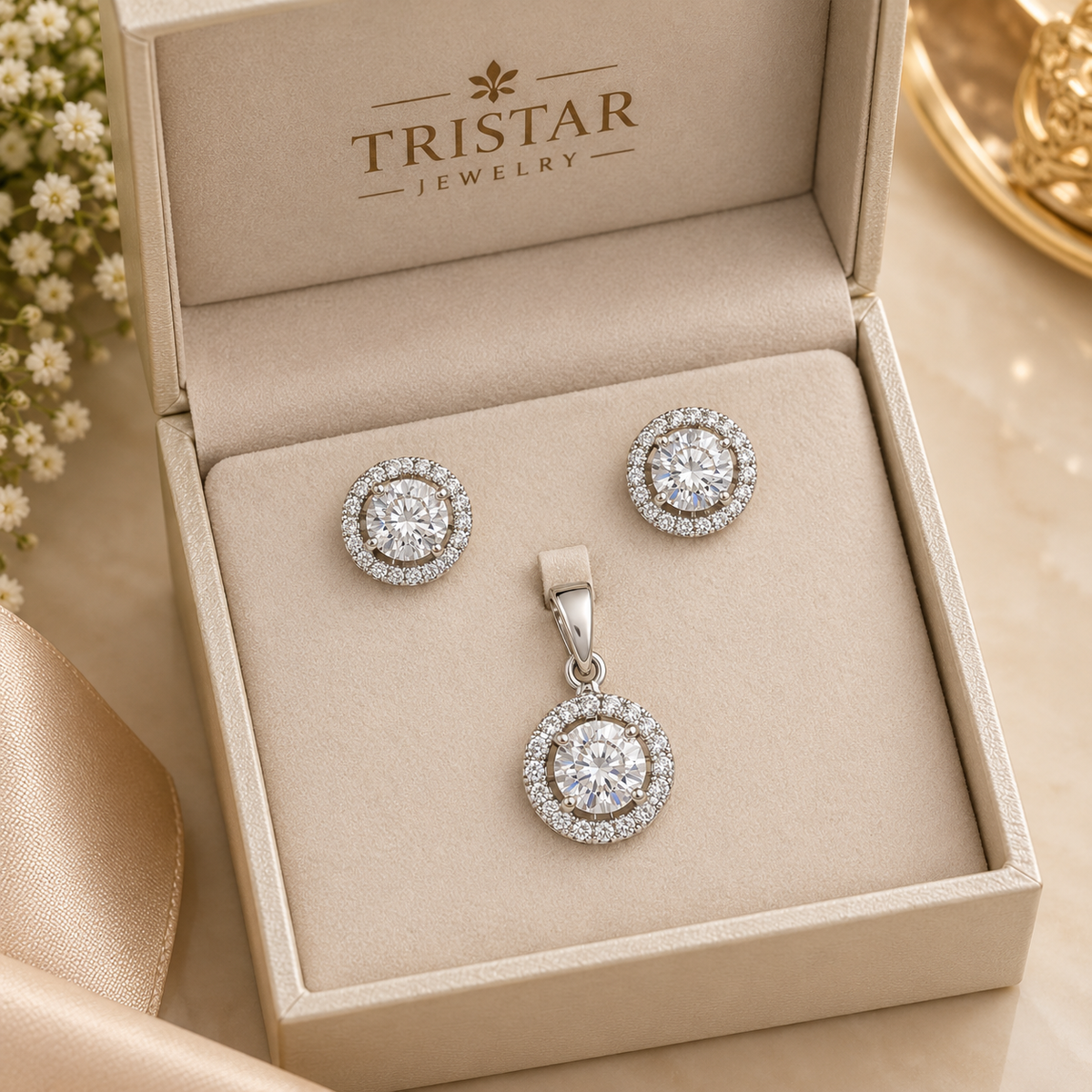 Halo Sparkle Pendant & Stud Earrings Set