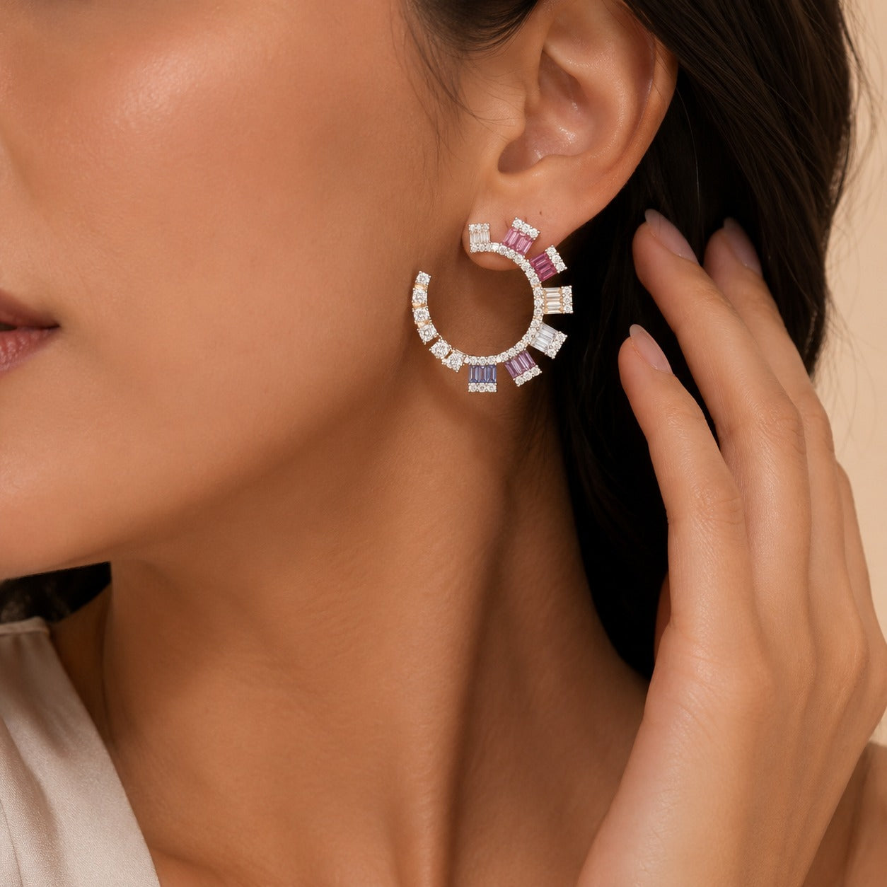 Multi Gemstone Hoop Earring