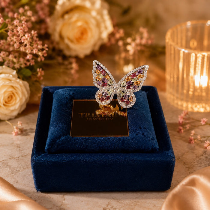 Silver Multi Gems Butterfly Ring