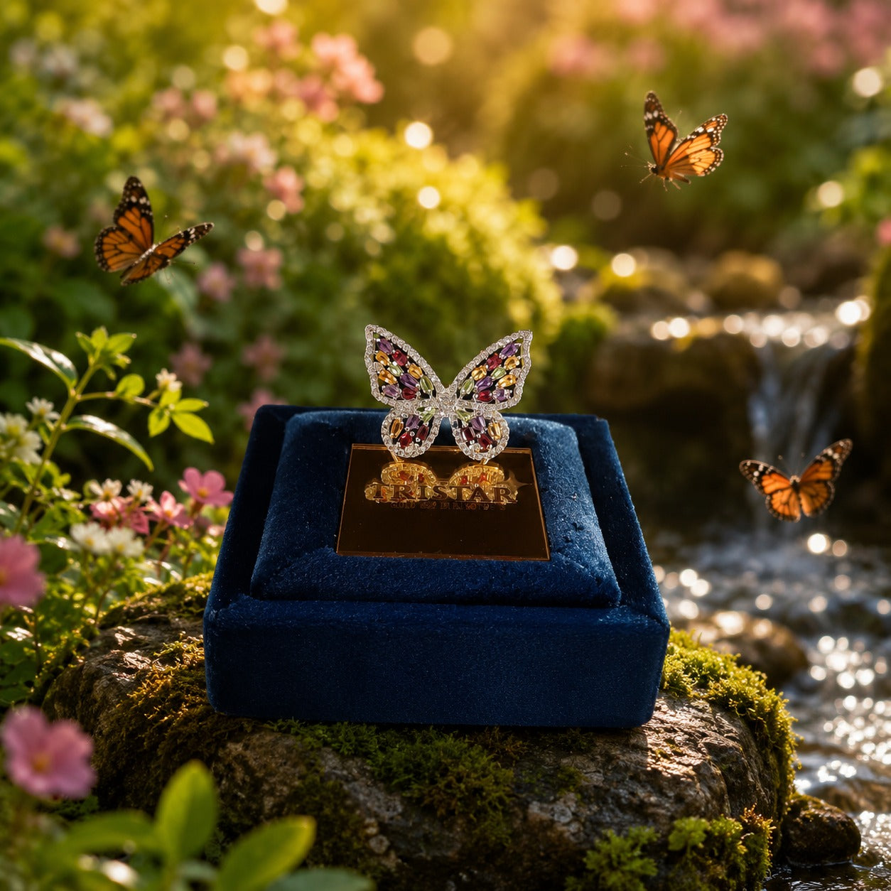 Silver Multi Gems Butterfly Ring