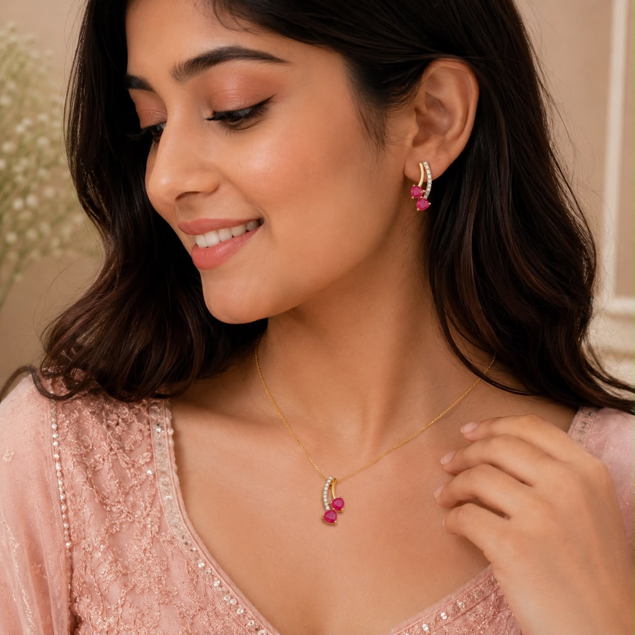 Gold Ruby Diamond  Pendant Set