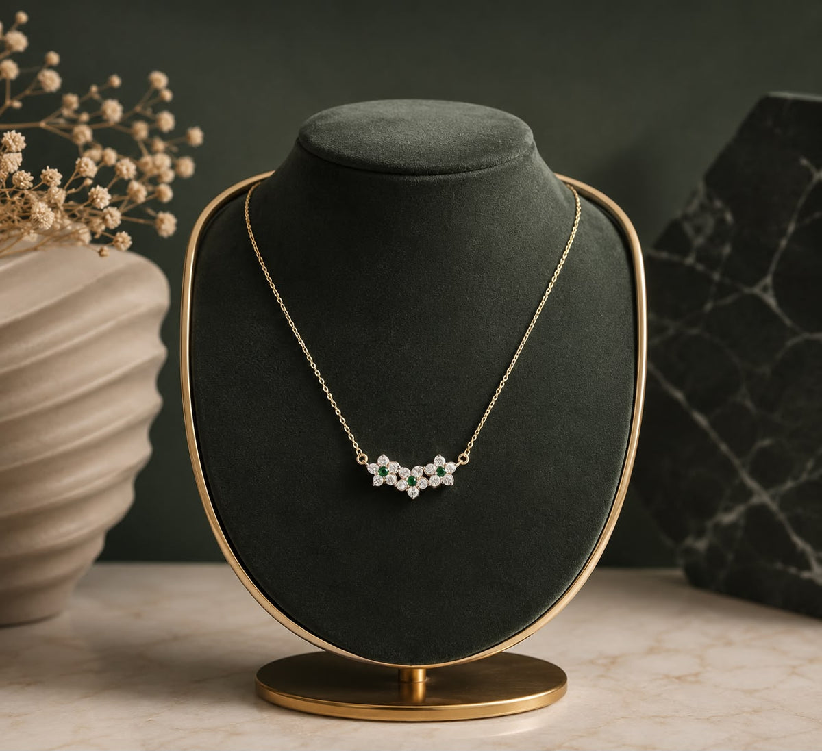 Gold Plated Floral Gemstone Chain Necklace