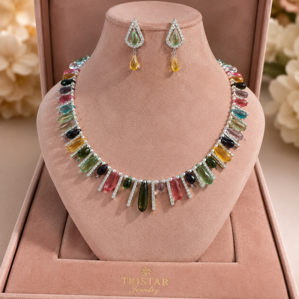 Silver Gemstone Drops Necklace