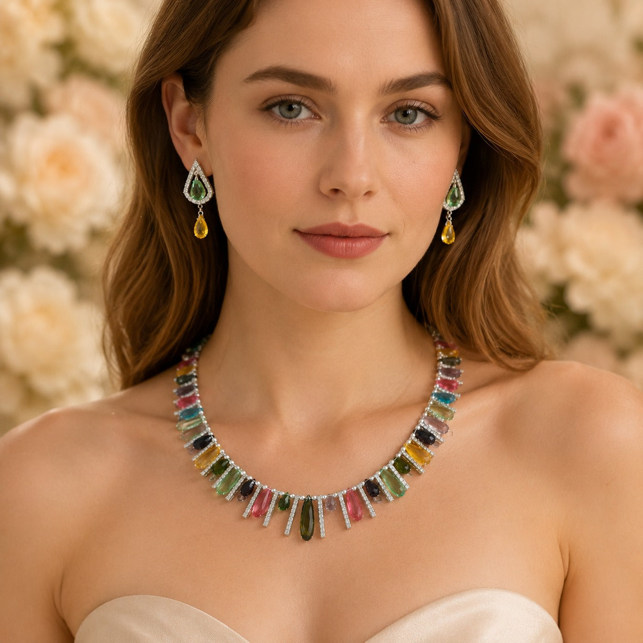 Silver Gemstone Drops Necklace