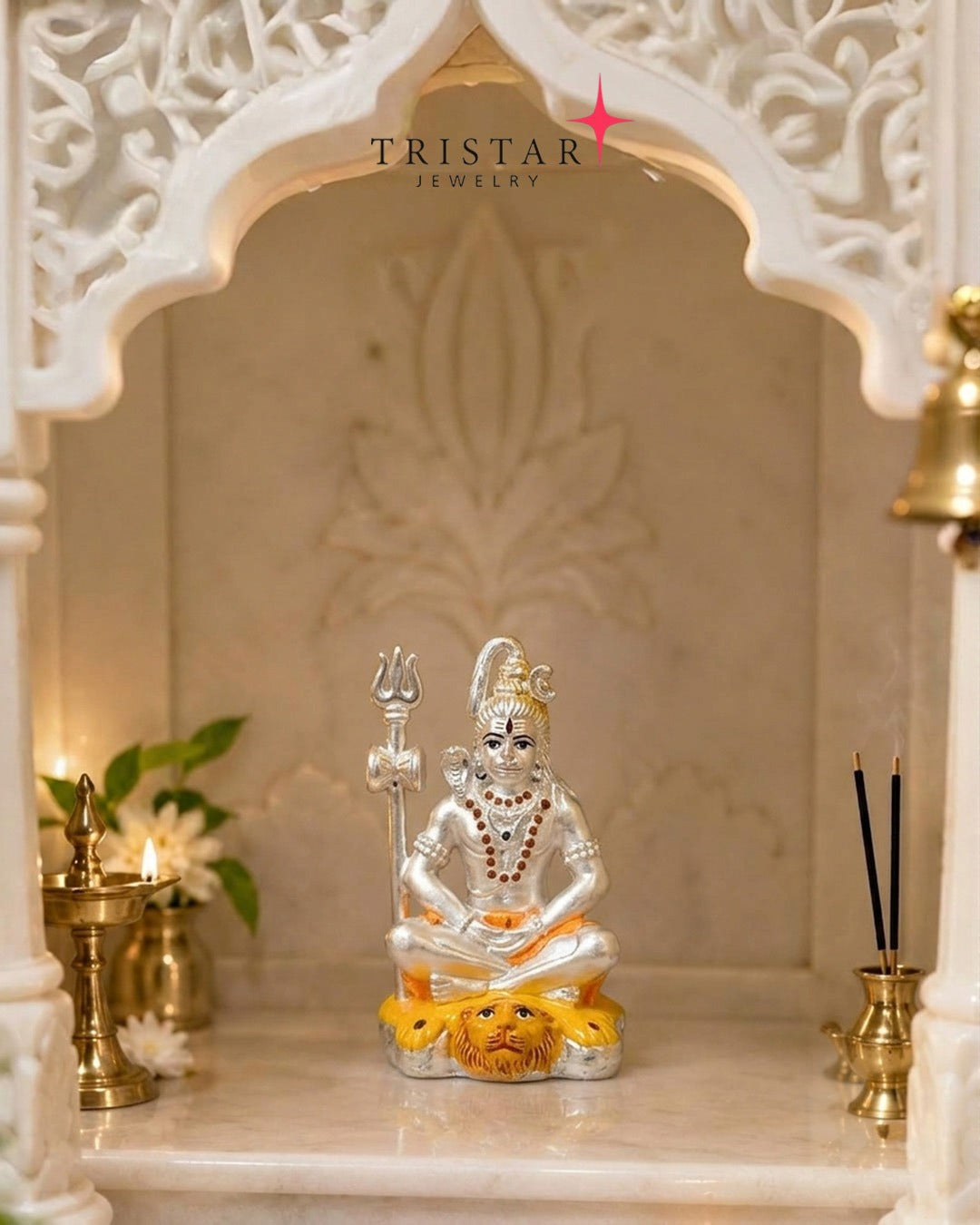 Silver Lord Shiva Meditation Idol with Trishul Statue
