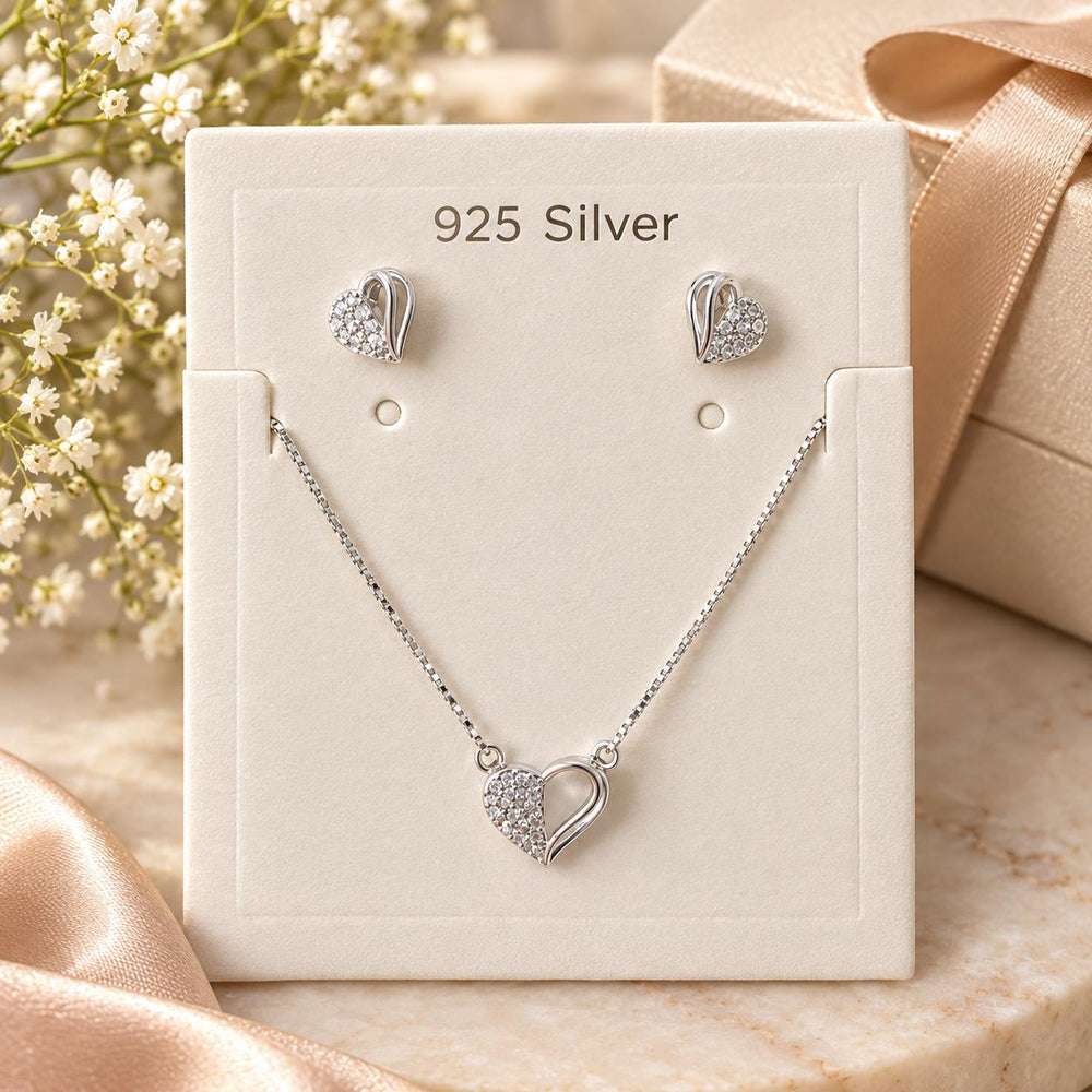 925 Silver Heart Pendant And Earring Set