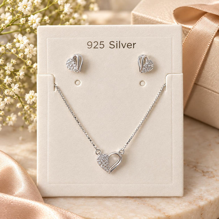 925 Silver Heart Pendant And Earring Set