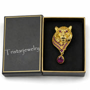 Gold Plated Ruby Tiger Head Brooch Pin