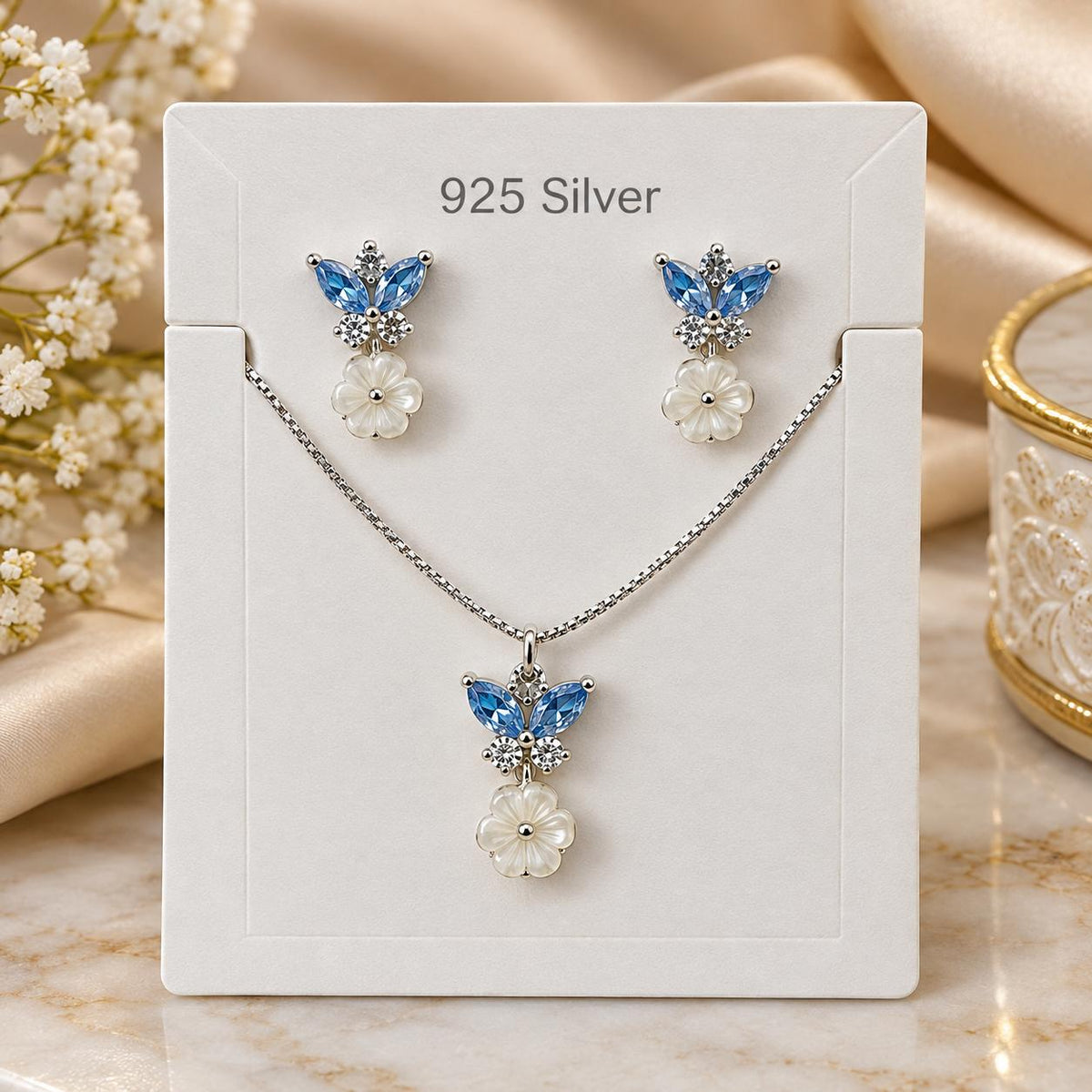 MOP Blue Butterfly Pendant Set