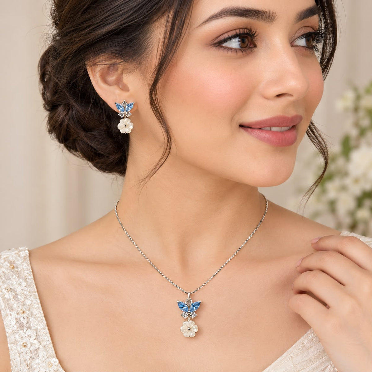 MOP Blue Butterfly Pendant Set