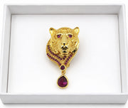 Gold Plated Ruby Tiger Head Brooch Pin