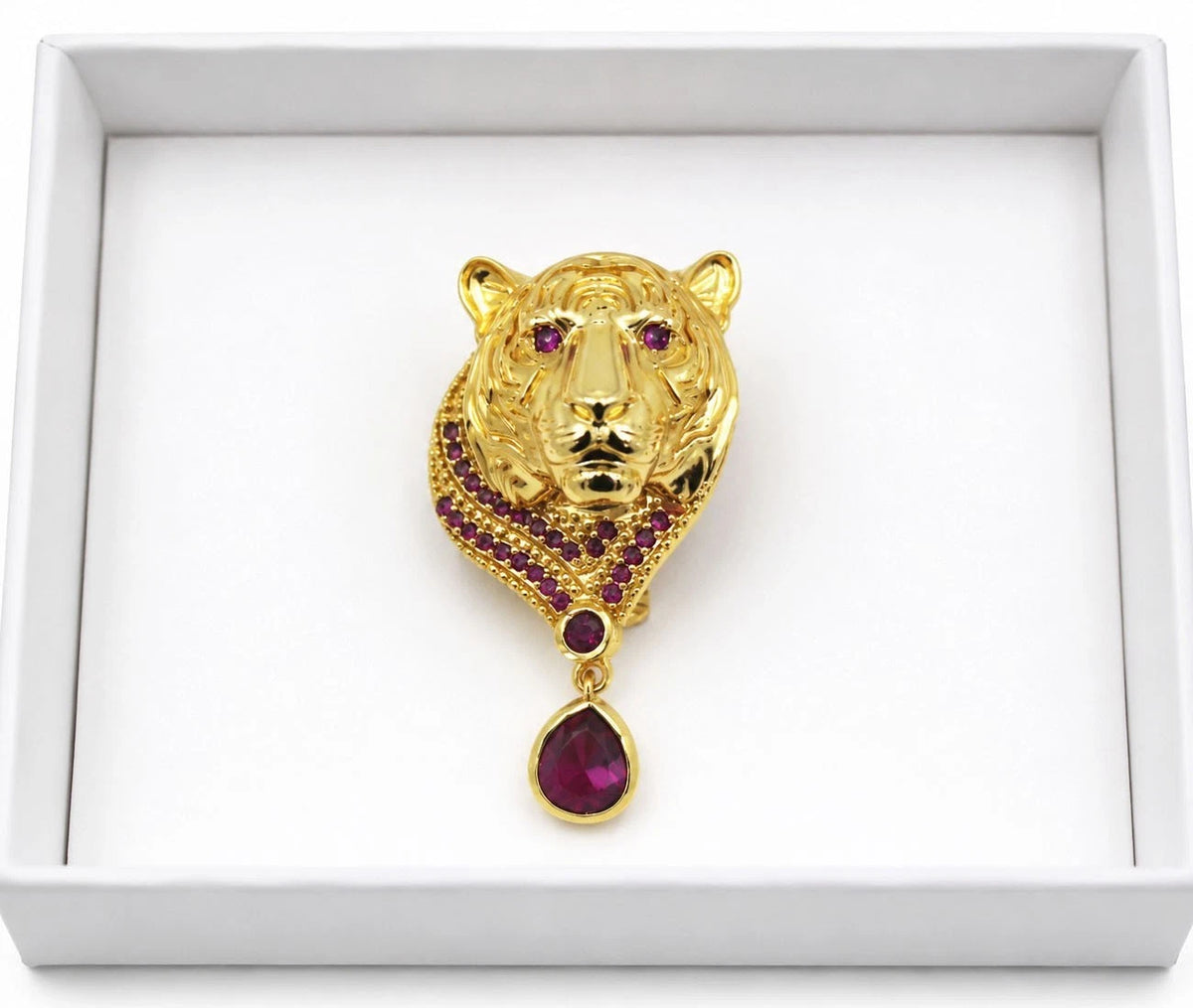 Gold Plated Ruby Tiger Head Brooch Pin