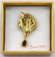 Gold Plated Ruby Tiger Head Brooch Pin