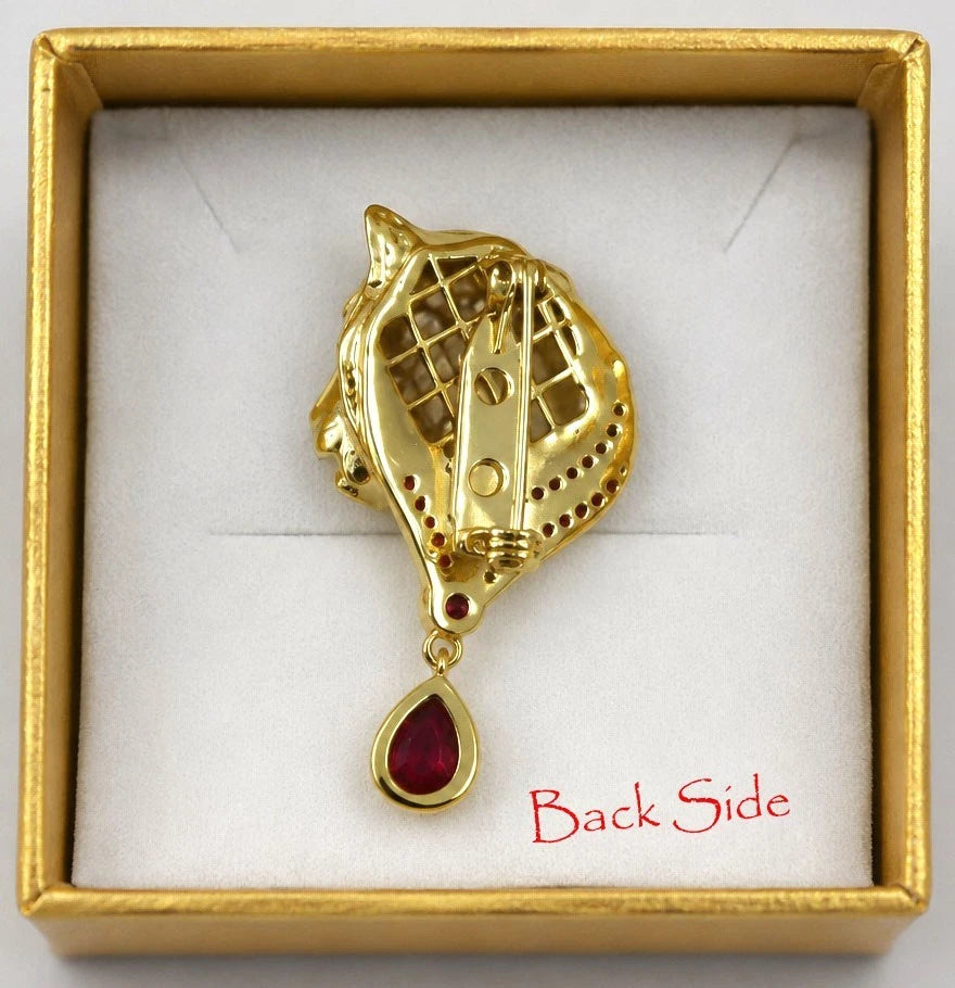 Gold Plated Ruby Tiger Head Brooch Pin